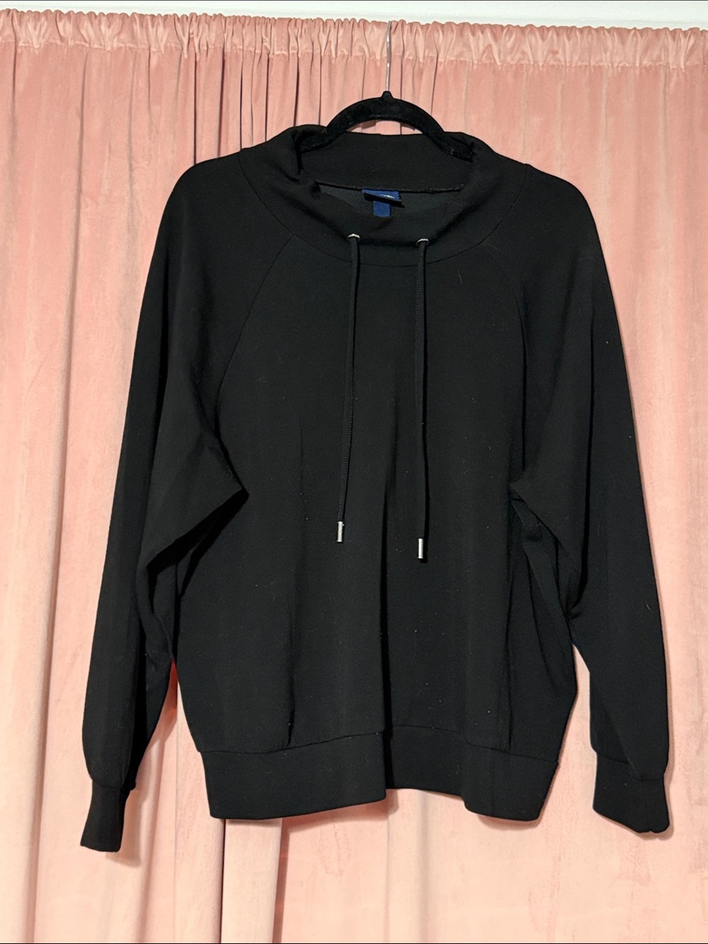 Black Cowl-Neck Pullover Sweater with Drawcord